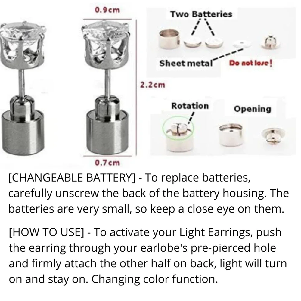 LED Earrings Blinking Multi Colored Light Up CZ Diamond Stud Changing colors NEW - Picture 6 of 10